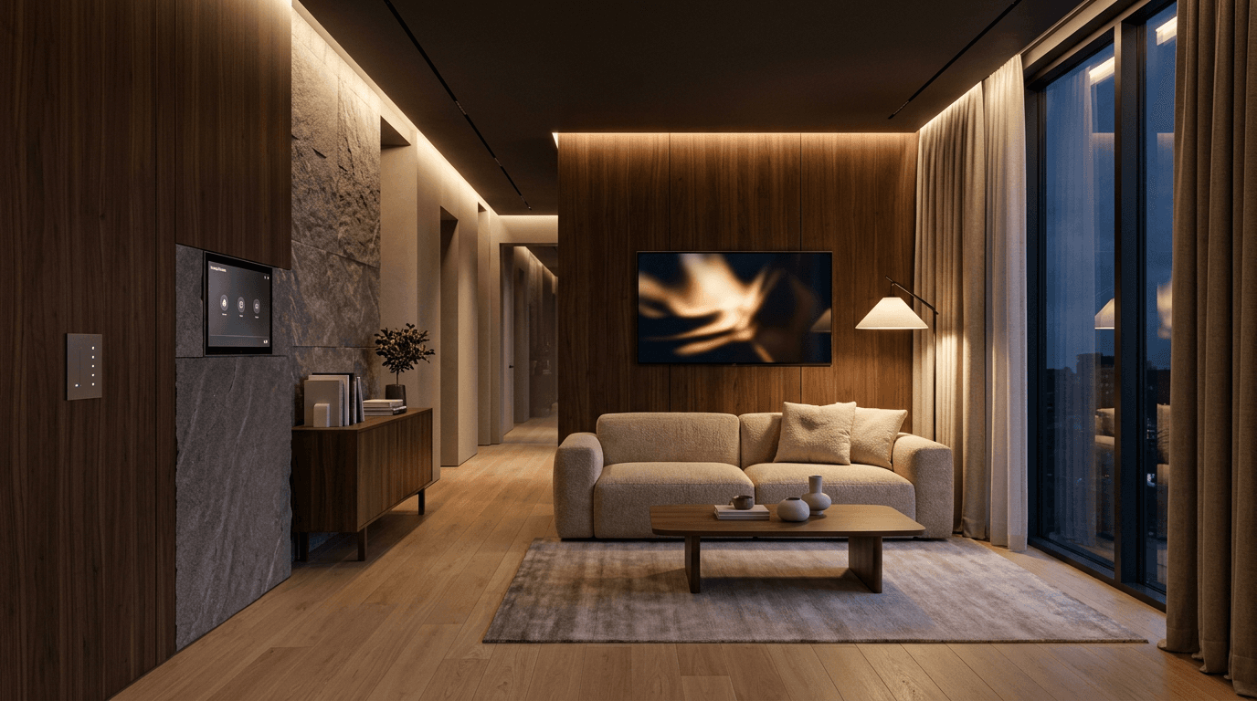 The Atrium Experience Centre in Hulimavu, styled as a living space with automated lighting and curtains